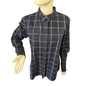 Wildfang x Bridge Burn Women Sz M Navy White Plaid Button Shirt Long Sleeve